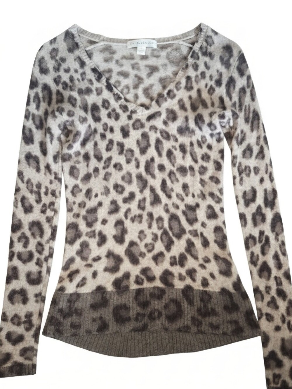 White + Warren Leopard Print V-Neck Sweater in Beige and Brown